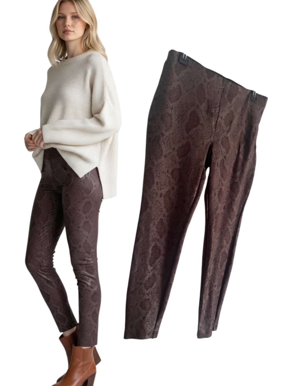 INC Snakeskin High Rise Pull On Leggings Brown Burgundy Size 8
